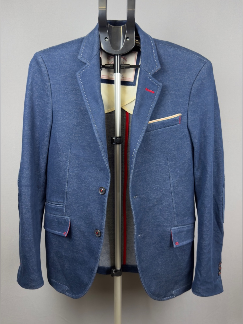 Zara Man Denim Couture Knit Sport Blazer Jacket Blue Stitch Accent Men's 38 M